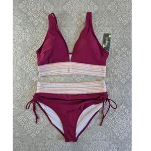Blooming Jelly Burgundy High Waisted Bikini Set Chevron Trim NWT XL